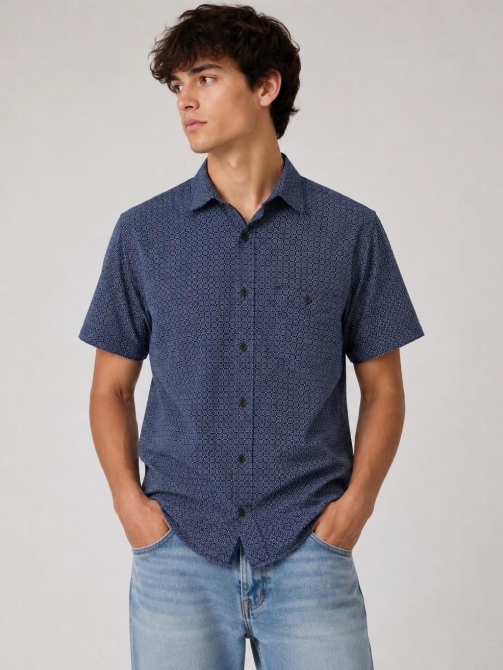 Express Navy Short-Sleeve Geometric Button-Down Shirt